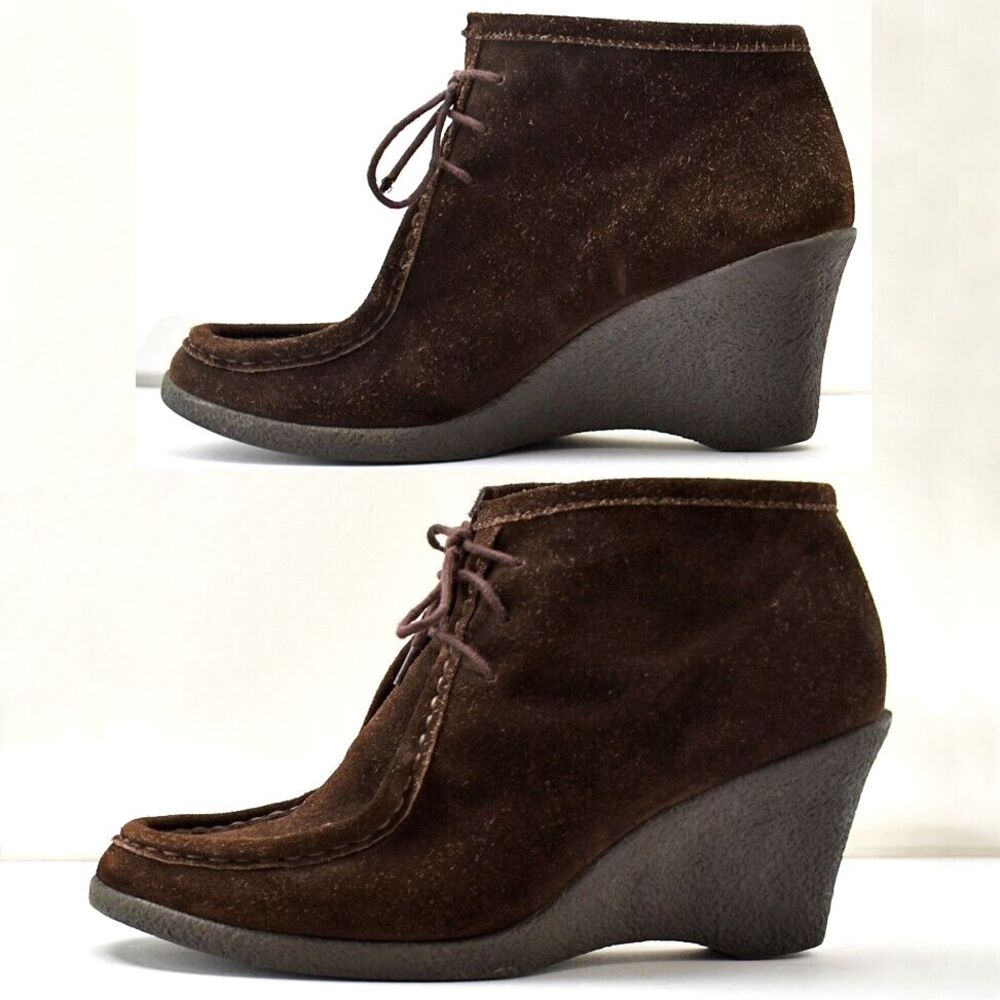 Banana Republic Wedge Heel Booties Women's 9.5 Brown Suede Leather Lace-Up